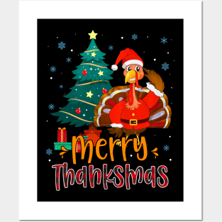 Turkey Santa Xmas Tree Merry Thanksmas Thanksgiving Christmas Posters and Art